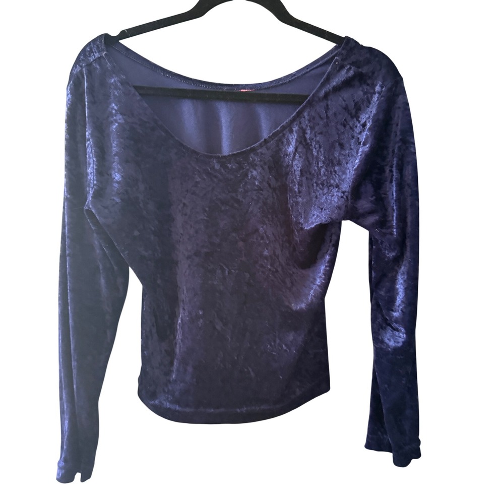 Y2k Blue Crushed Velvet Long Sleeve Scoop Neck Top Blouse Whimsigoth